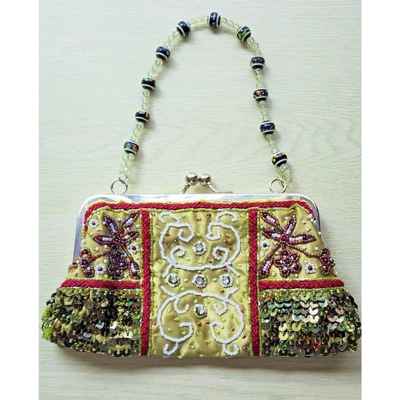 BEADED PURSE-Small-Beaded Handle-Green-Sequins-Evening Bag-Bling-Unique - Picture 1 of 16